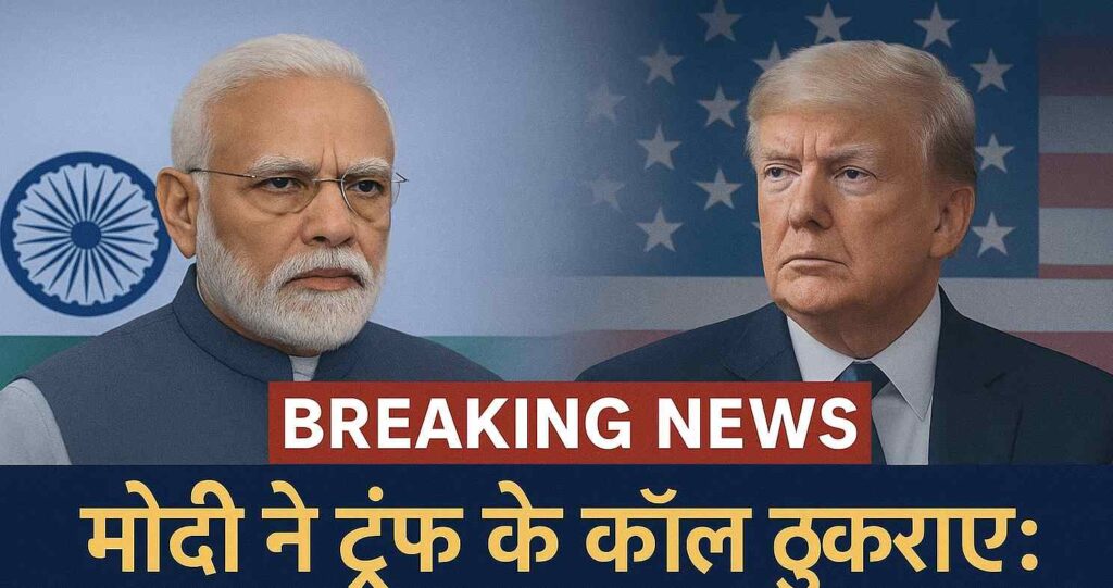 "भारतीय प्रधानमंत्री नरेंद्र मोदी और अमेरिकी राष्ट्रपति डोनाल्ड ट्रंप की तस्वीर, पीछे भारत और अमेरिका के झंडे; समाचार शीर्षक: मोदी ने ट्रंप के कॉल ठुकराए, अमेरिका–भारत व्यापार विवाद गहराया।"
