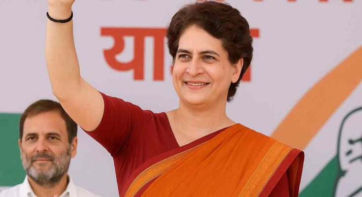 प्रियंका गांधी वाड्रा और राहुल गांधी बिहार में ‘वोटर अधिकार यात्रा’ के मंच पर समर्थकों का अभिवादन करते हुए।