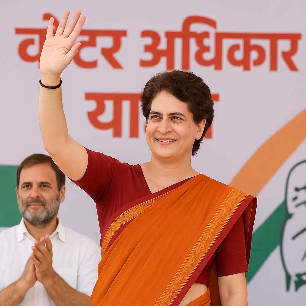 प्रियंका गांधी वाड्रा और राहुल गांधी बिहार में ‘वोटर अधिकार यात्रा’ के मंच पर समर्थकों का अभिवादन करते हुए।