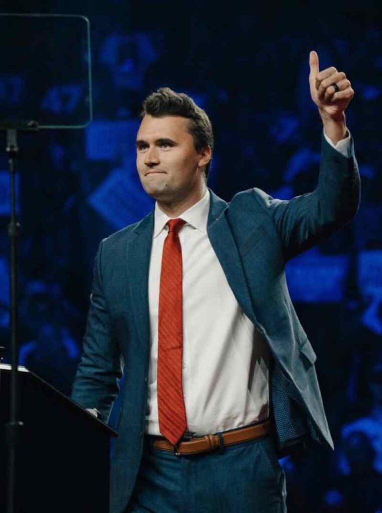Charlie Kirk speaking at a university event before Utah Valley shooting